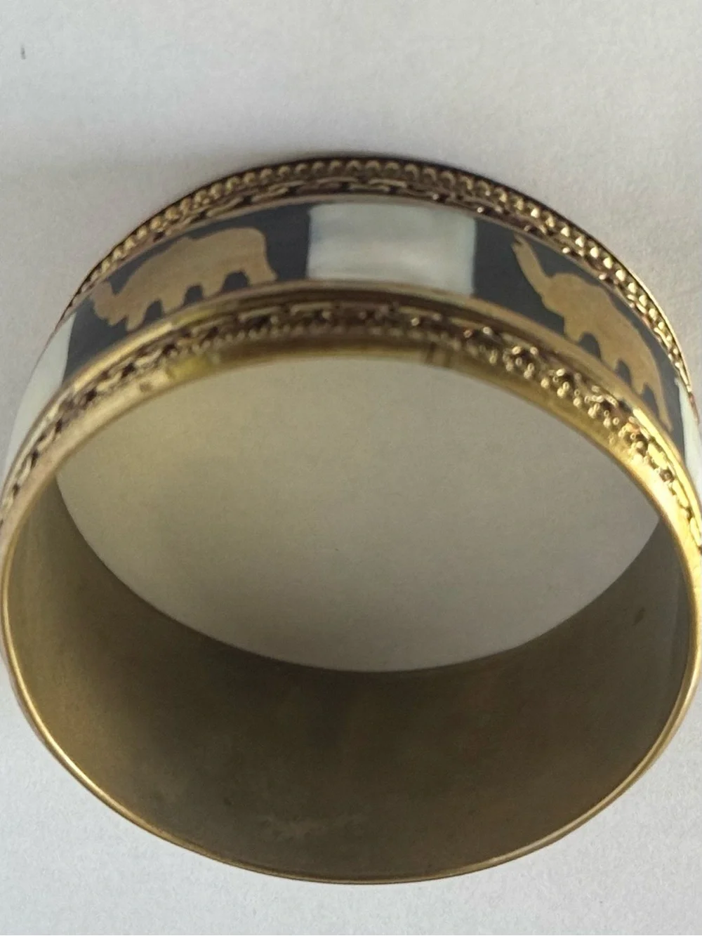 Vintage Brass Elephant & Mother of Pearl Inlay Bangle Bracelet